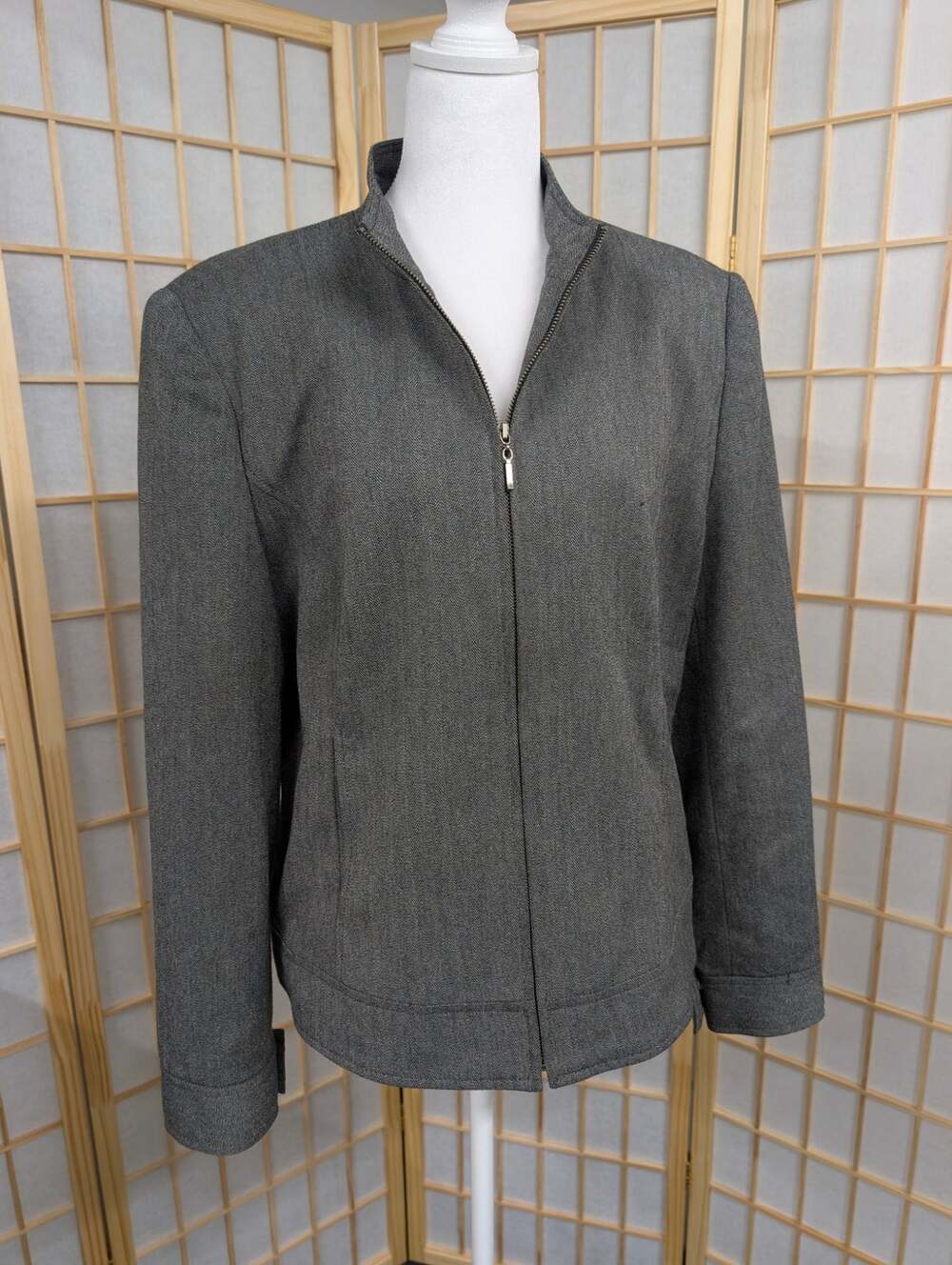 Full Zip Jacket women's size 14 Gray Herringbone Texture Blazer Professional